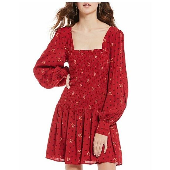 Free People Red Ruby Combo Two Faces Smocked Mini Dress Size Small - Picture 13 of 14